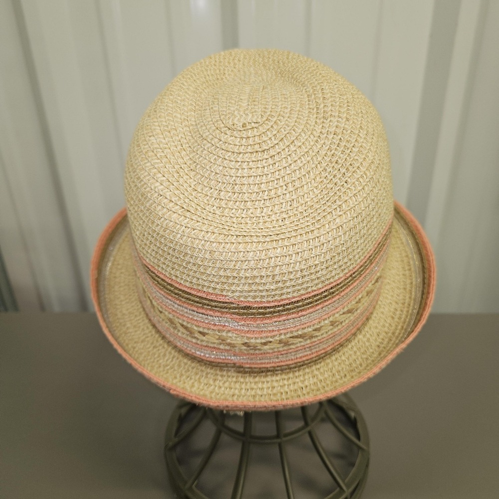 Callanan Resort Hat Fedora Womens One Size Tan Pink Striped Braided Summer Beach - Picture 4 of 9